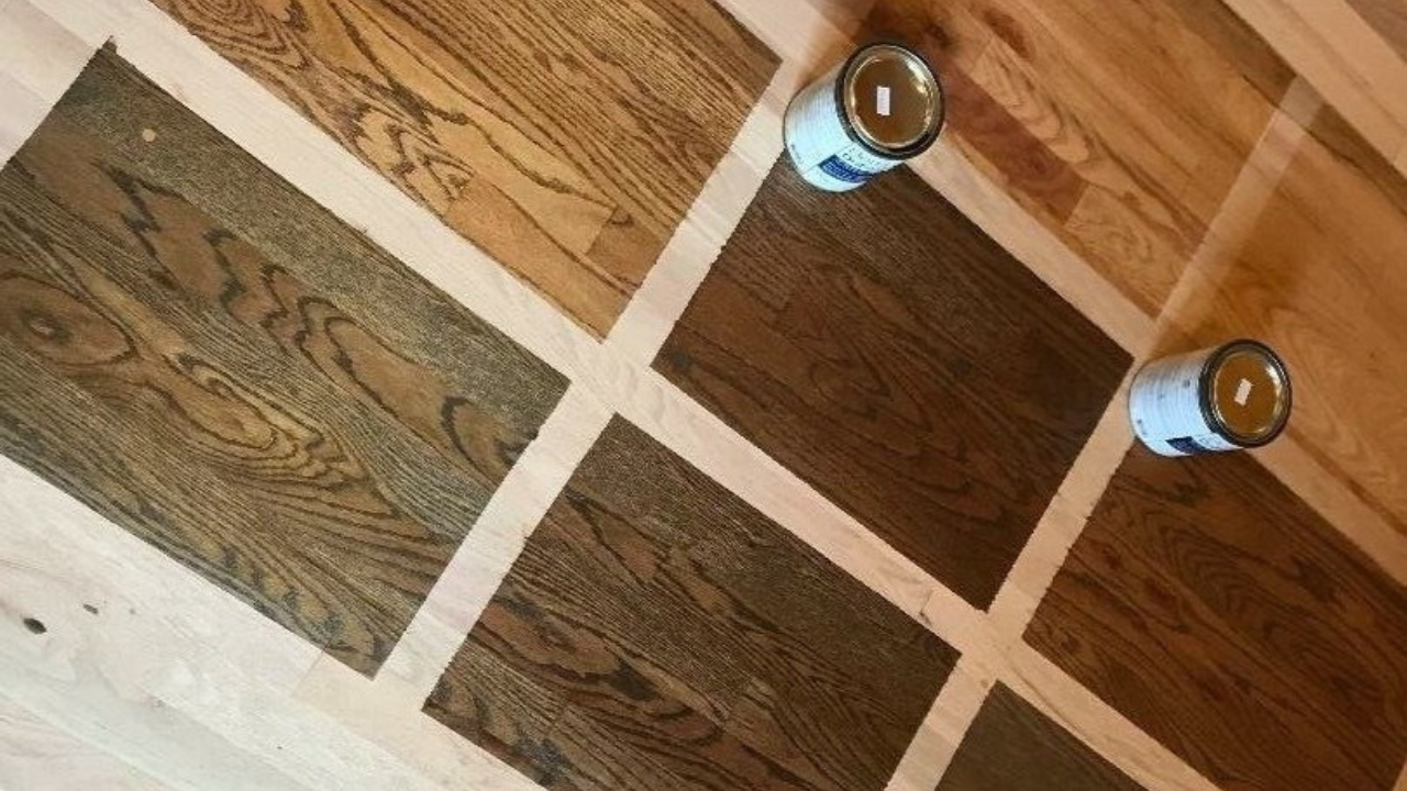 Wood Floor Staining in Carshalton – sample grid of stain colours on oak solid hardwood plank floor, from light honey to dark walnut, for accurate tone selection.