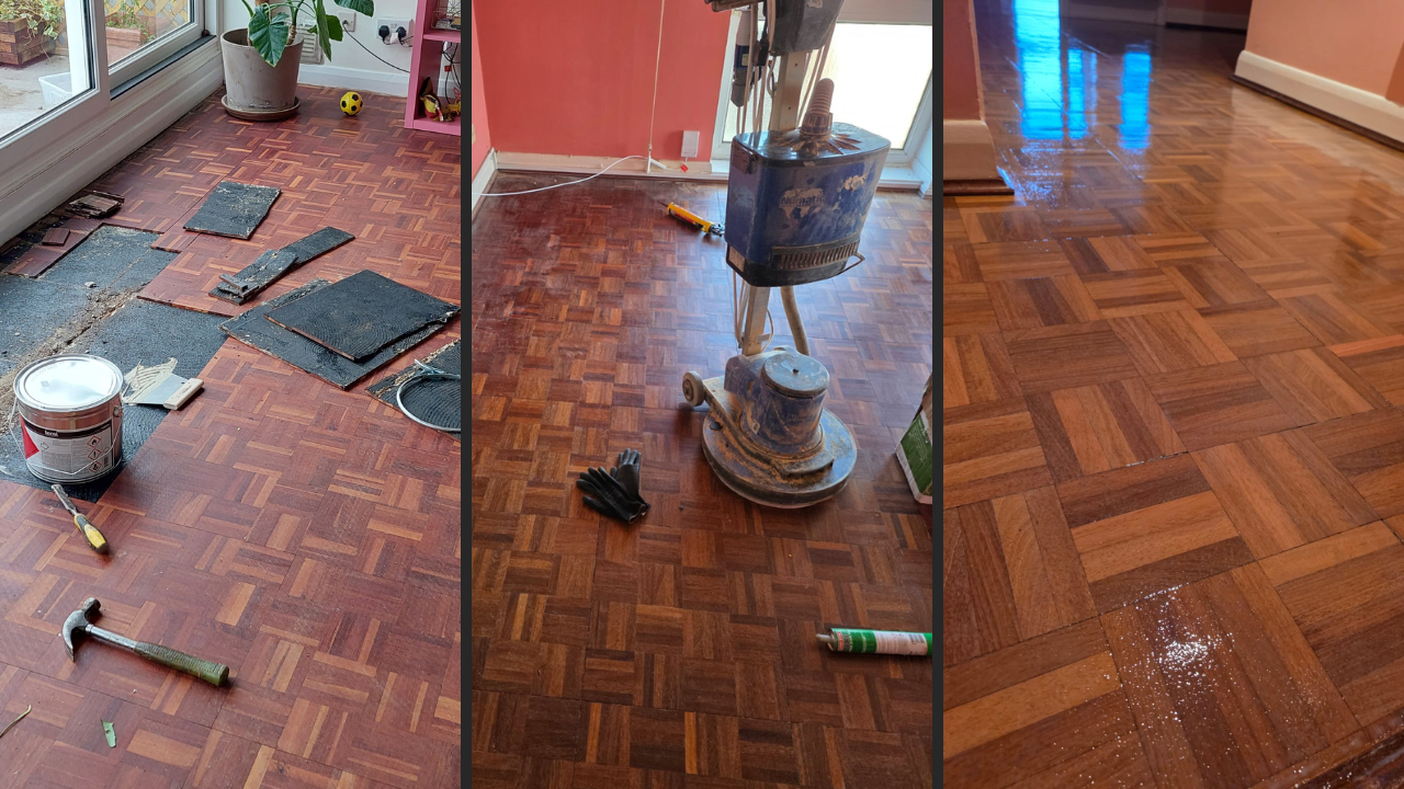 A three-panel image showing the stages of parquet restoration: repair, wood floor sanding, and the final polished result.