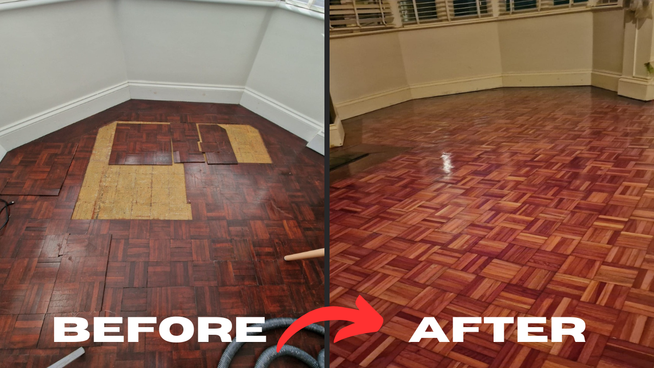 Before and after comparison of a mosaic parquet restoration featuring professional wood floor sanding and refinishing.