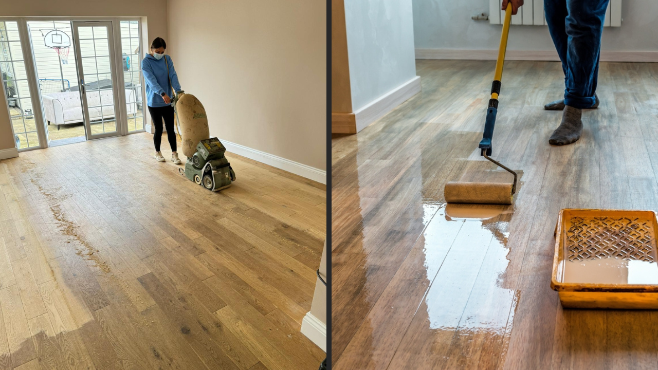 Professional wood floor sanding in Carshalton showing a drum sander removing old finish and a roller applying a clear protective sealant to oak hardwood.