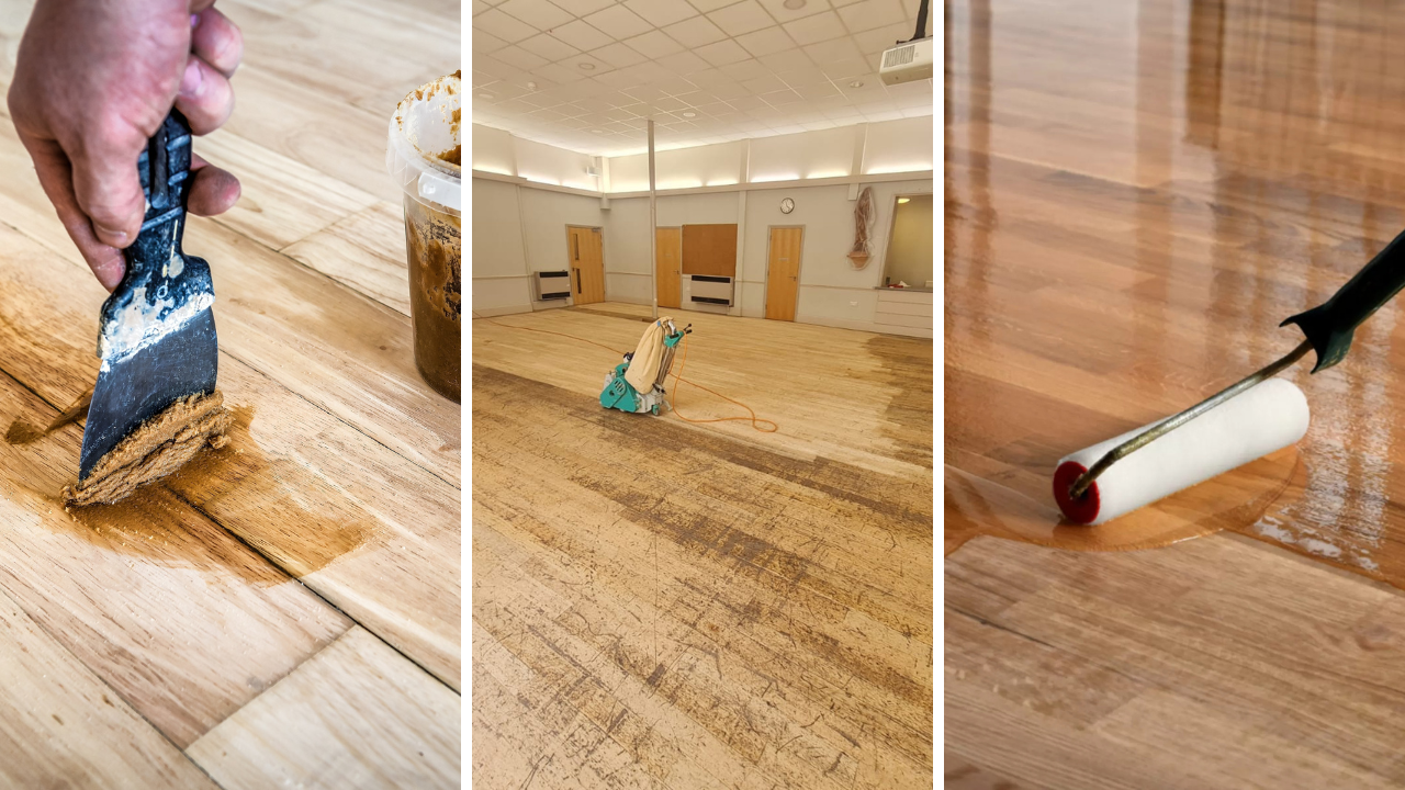 Commercial Floor Sanding in Carshalton on oak hardwood floorboards, showing gap filling, machine sanding and lacquer application stages.