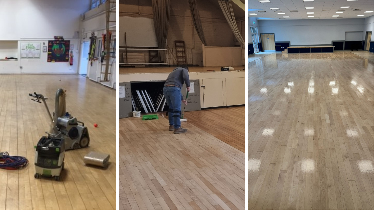Commercial Floor Sanding in Carshalton on an oak strip sprung hall floor, showing sanding, finishing and the final glossy hardwood surface.