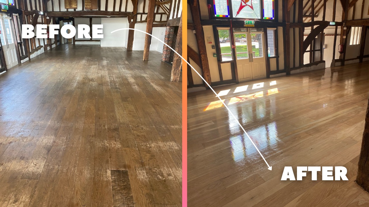 Before and after Commercial Floor Sanding in Carshalton showing a solid oak hardwood hall floor restored from dull, worn boards to a glossy, smooth finish.