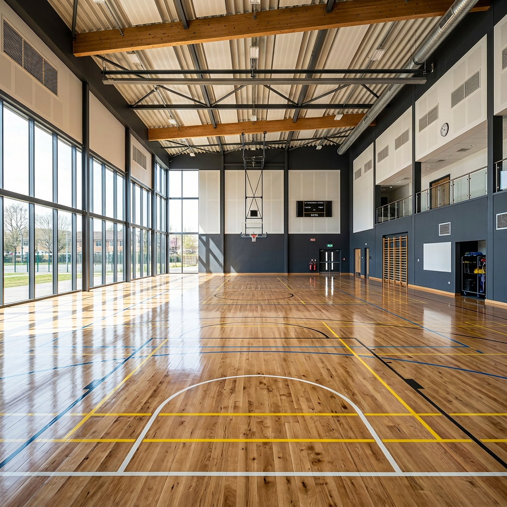 Wide-angle shot of a freshly polished Junckers wooden sports floor in a British school hall