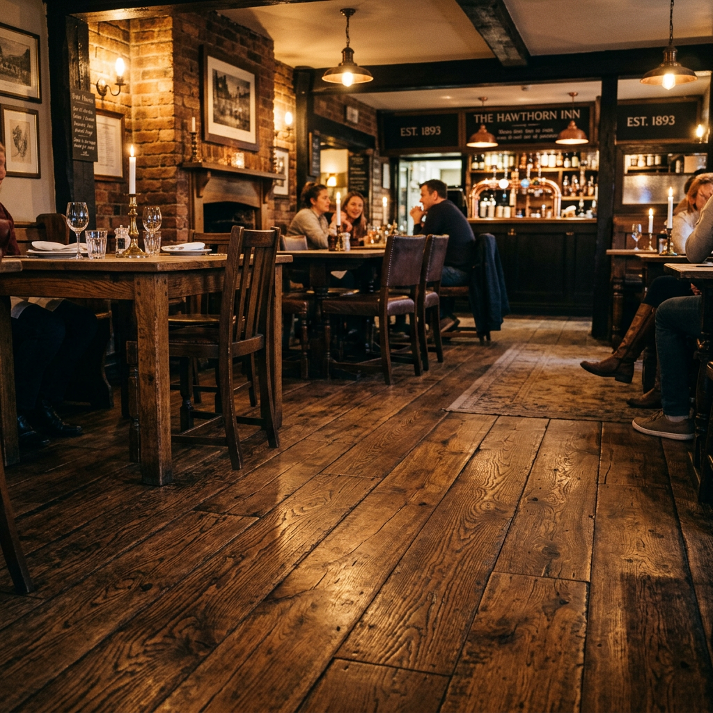 Warm architectural shot of a gastropub featuring high-end oak floors finished with Osmo Hardwax Oil