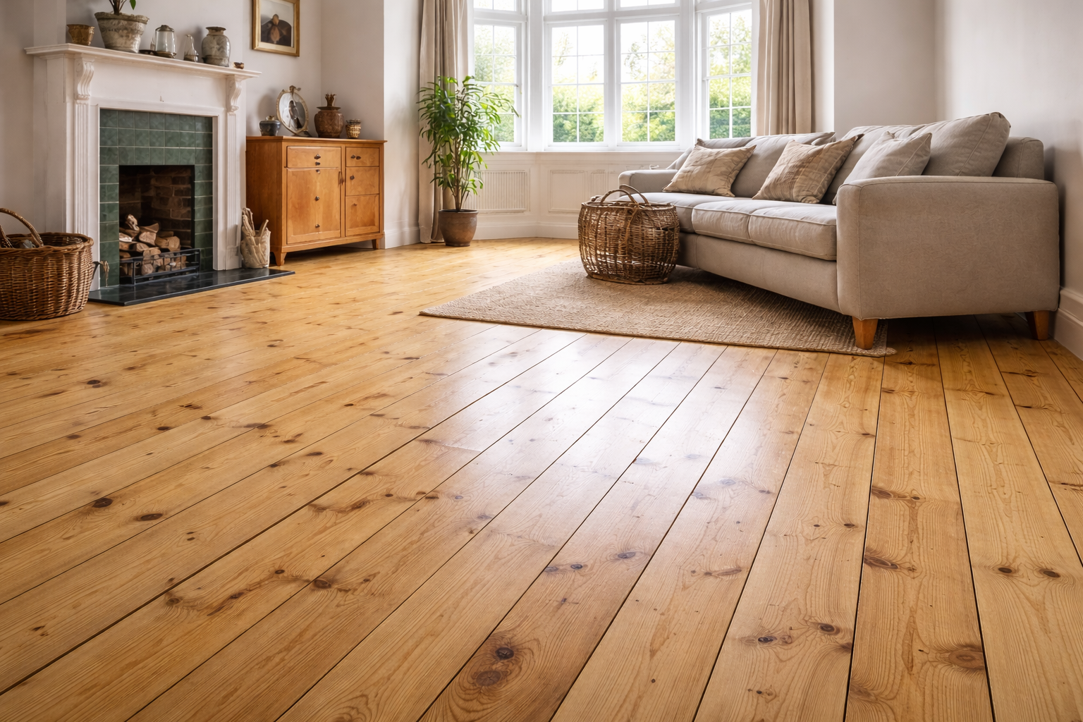 Restored 1930s pine floorboards in a bright Carshalton living room with bay windows and period fireplace