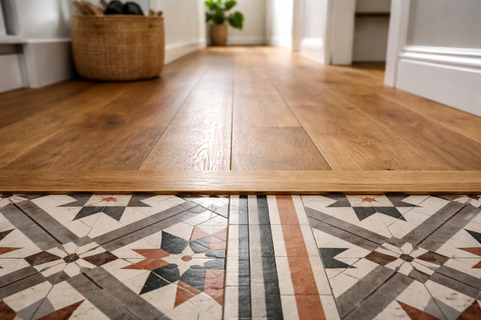 Seamless transition from patterned hallway tiles to restored oak wood flooring in a bright Carshalton home entrance
