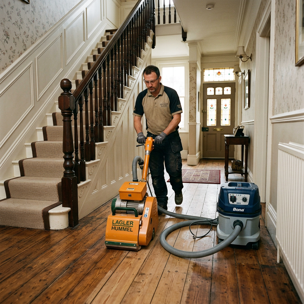 Tradesman using Lagler Hummel for dust-free sanding on Victorian pine floorboards in a UK hallway