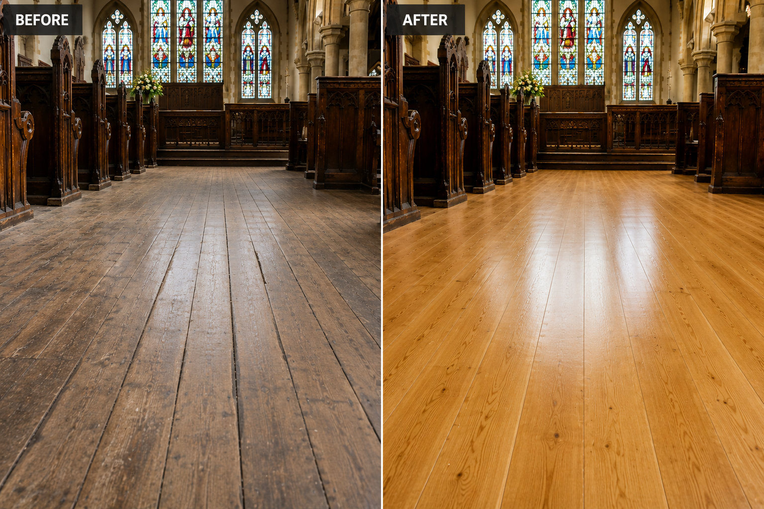 Before and after comparison of church floor sanding in Carshalton – worn dark timber boards transformed into smooth light oak finish