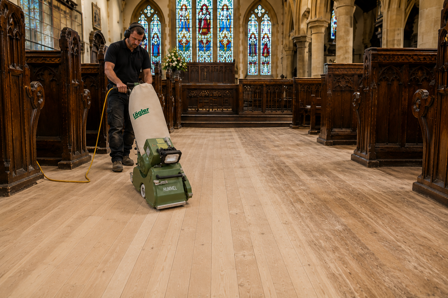 Professional floor sanding technician using a Lagler Hummel dust-free belt sander on timber floorboards inside a historic