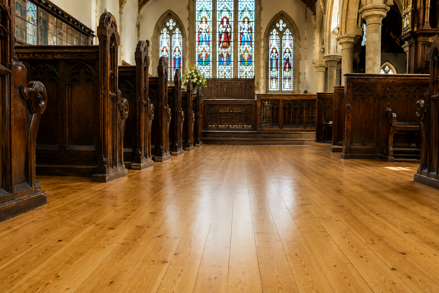 Restored light oak timber floorboards in a historic church after professional dust-free floor sanding and finishing in Carshalton