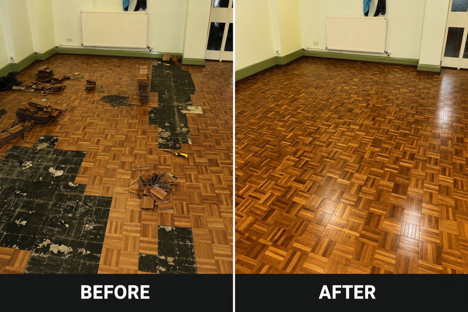 Before and after parquet wood floor restoration – damaged and missing blocks transformed into a fully restored, polished parquet floor for halls and churches in Carshalton