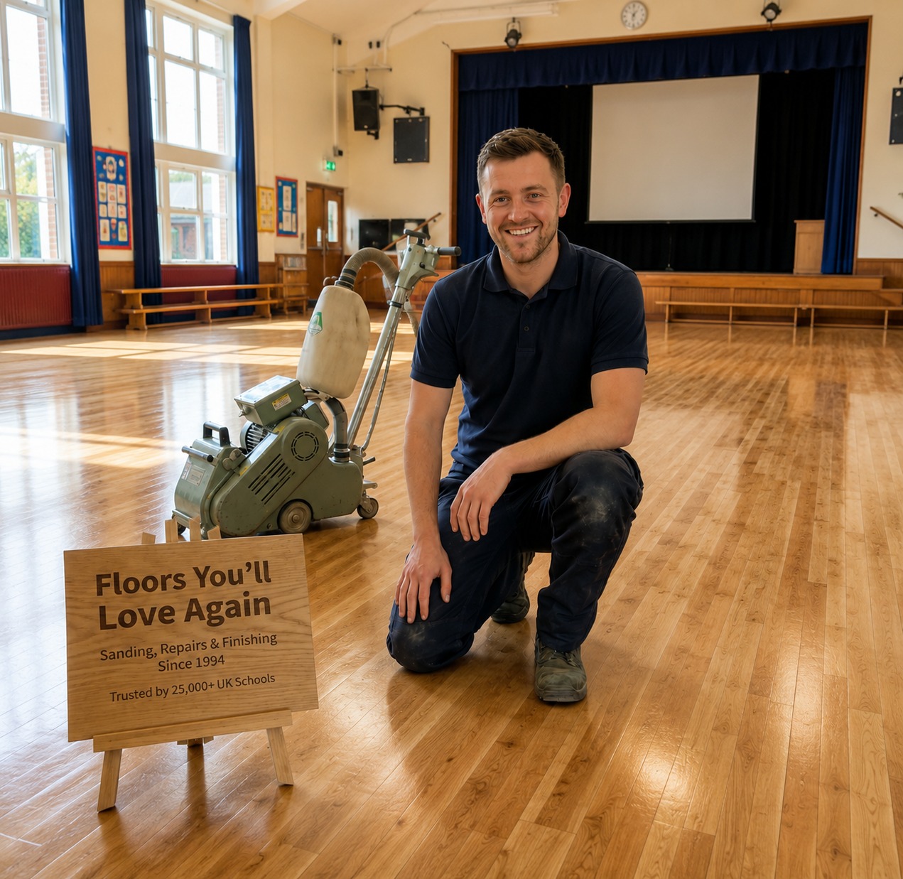 Professional floor sanding technician kneeling beside a dust-free sanding machine on a newly restored wooden hall floor – ideal for halls, clubs and churches in Carshalton