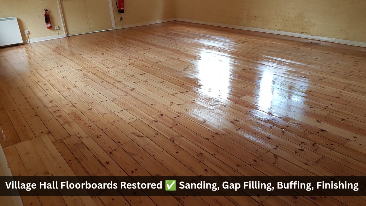 Restored light pine floorboards in a village hall after professional sanding, gap filling, buffing and finishing – example of community hall floor restoration for Carshalton