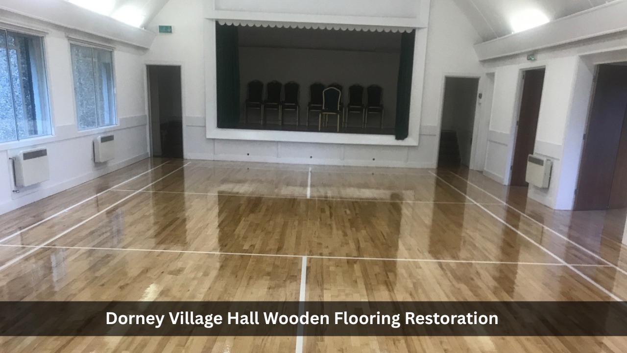 Restored polished wooden floor with sports court lines in a village hall after professional floor sanding and finishing – example of community hall restoration suitable for Carshalton
